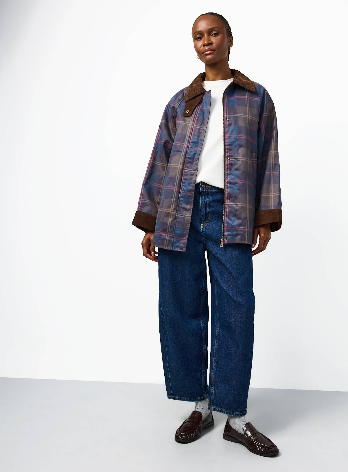 Navy Check Waxy Car Coat XL - Image 2